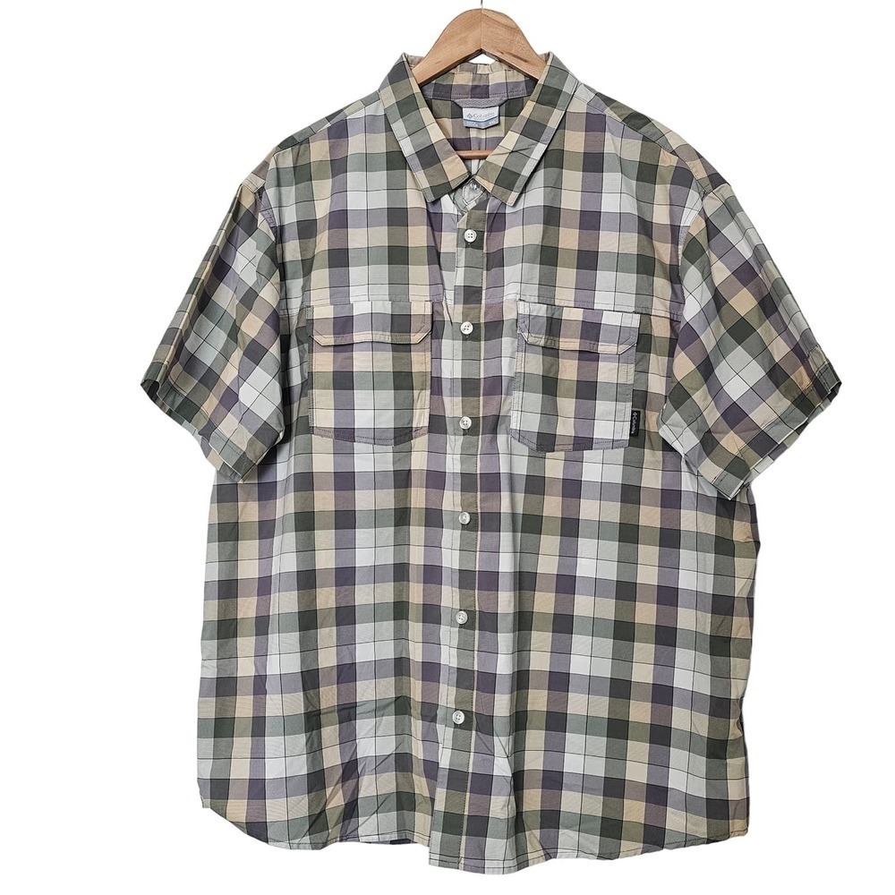 Columbia Omni Wick Short Sleeve Button Up Shirt Mens XXL Gray Plaid Cool